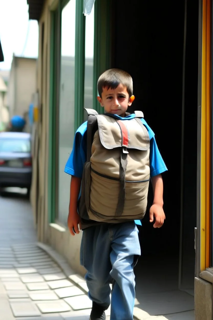 A Palestinian child carries on his shoulders a large bag with windows and doors