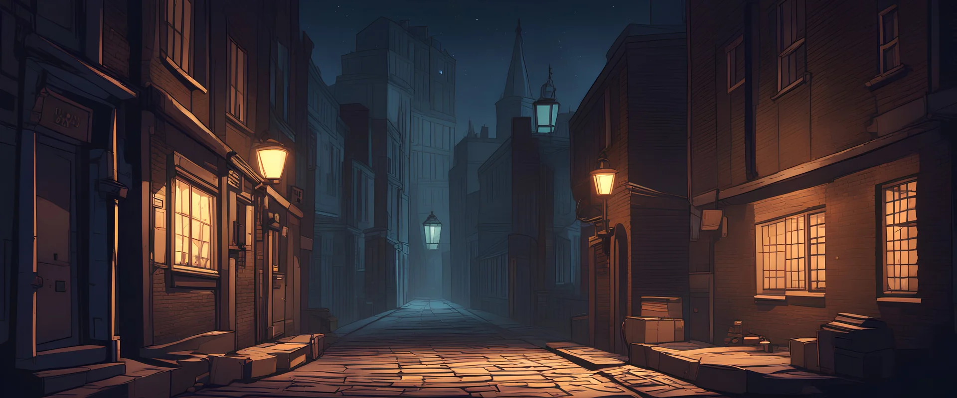 london, whitechapel, night, alley, with background, stylised, concept art, digital art, flat 2d, cartoon