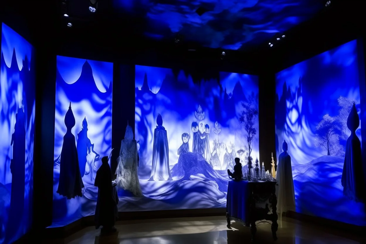 A purple outer space with ghosts of illusion designed in Javanese shadow puppets painted by John Singer Sargent