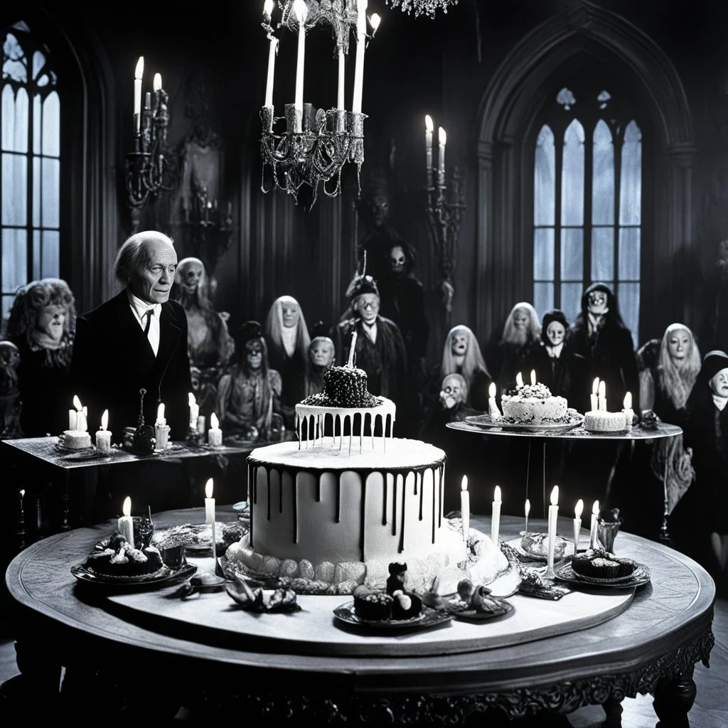 [high res photo by Ray Harryhausen] In the eerie stillness of the Addams Family mansion, a Spooky Birthday Party unfolds. The cake splits open with a sickening sound, revealing a nightmarish sight within. From the depths of the cake, Bo Derek emerges, her movements slow and deliberate, as if emerging from a sinister cocoon. Covered in cream and frosting, Bo Derek navigates her way out of the cake .Her yellow leotard, once a symbol of allure, is now a tattered and stained garment, accentuating th