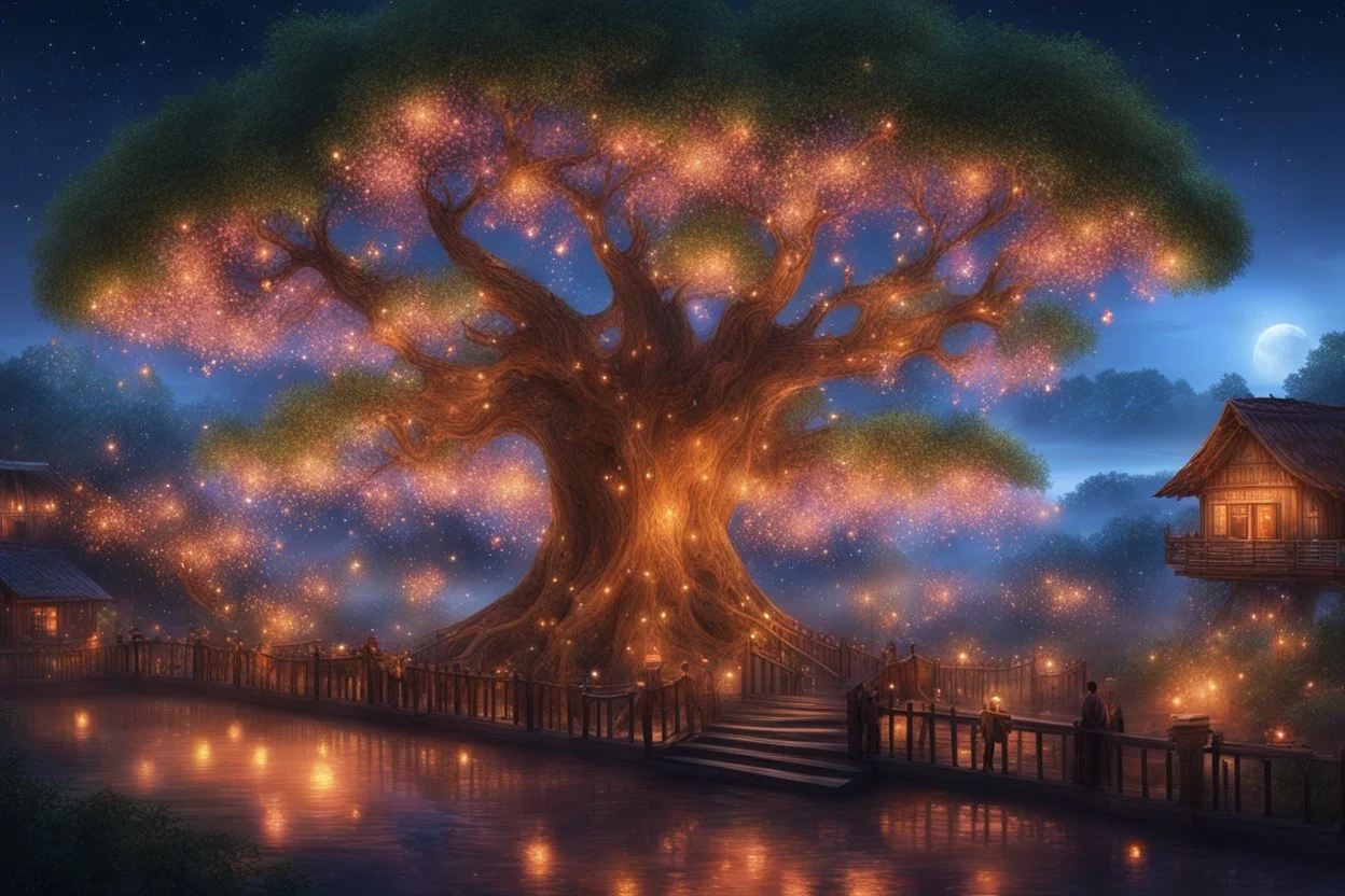 The tree of Heavens, huge tree floating heaven, warm and cozy, many huts on the tree, people, huge railing, firelights, blossoms, christmas decorations, fireflies, beautiful, Serene, Warm place