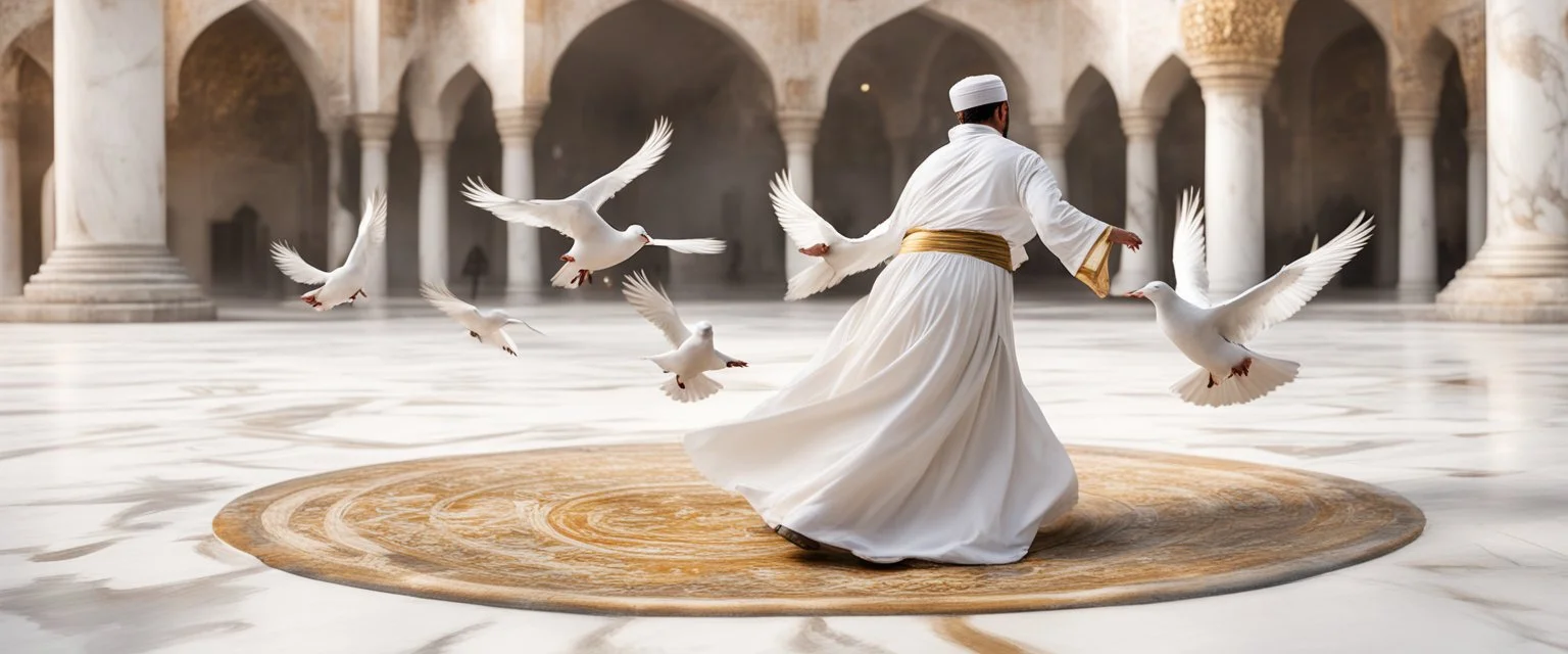 Hyper Realistic Sufi Whirling on stone floor with white & Golden Islamic Sufi Rustic Grungy Background outside white marble Islamic monument with pigeons flying