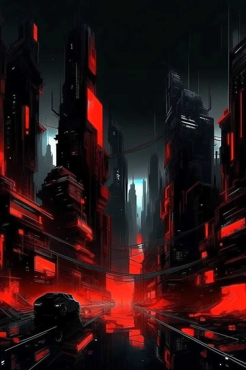 pos-apocalyptic cyberpunk city in the year of 2222, abstract black painting, illuminated red neon, concept art, dark, high contrast, make it as a sticker