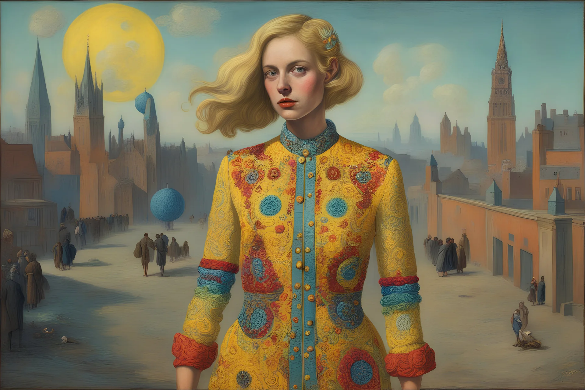 Beautiful blonde brown woman with freckles, wearing a colorful, vibrant, detailed embroidered dress, medium-full shot, in London gilet jaune scene, Smokey fluo, by Max ernst