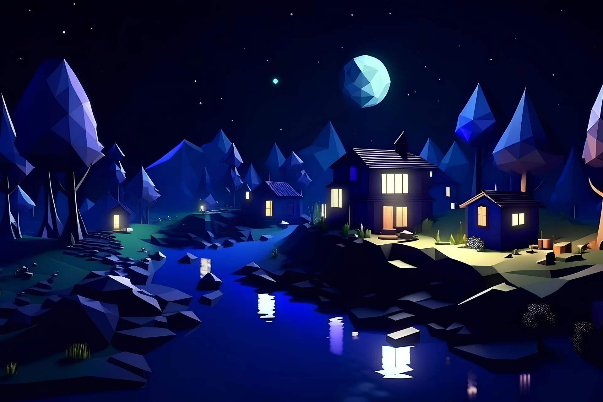 low poly video game style at night time