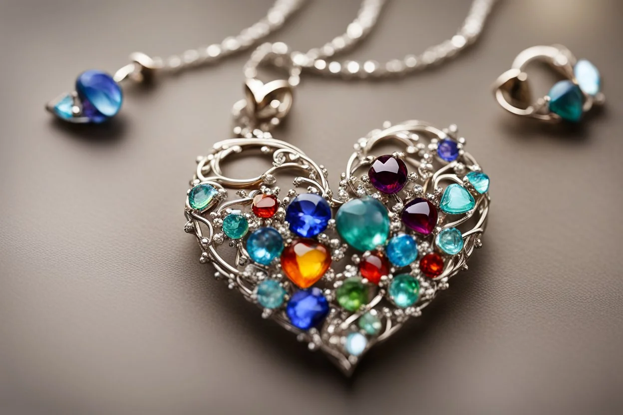 Coloured glass heart necklace and earring set with gemstones, glittering metal stems and gemstone leaves sharp focus elegant extremely detailed intricate very attractive beautiful dynamic lighting fantastic view crisp quality exquisite detail gems and jewels S<AI in sunshine Weight:1 Professional photography, bokeh, natural lighting, canon lens, shot on dslr 64 megapixels sharp focus Weight:0.9