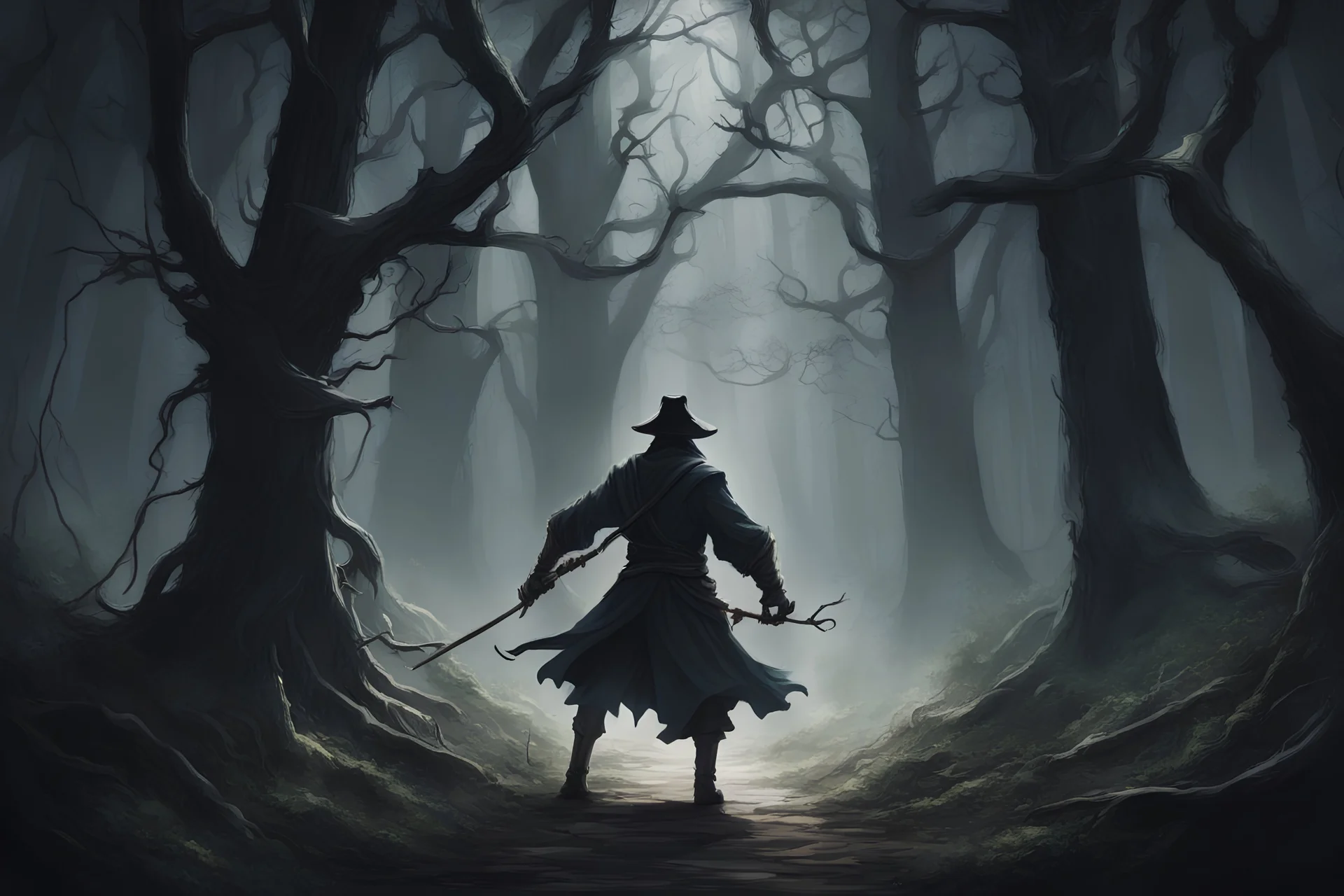 : Generate an image of Spindle navigating through a dark forest, with ominous shadows and tangled branches blocking his path. Show Spindle's determination as he presses forward despite the obstacles. Convey a sense of adventure and perseverance in the scene