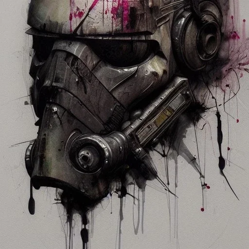 photorealistic death trooper helmet with weathered painting , illustration on coarse canvas by <agnes cecile> and <Yoji Shinkawa>, ornate and intricate details , soft smooth lighting, ultra detailed concept art,