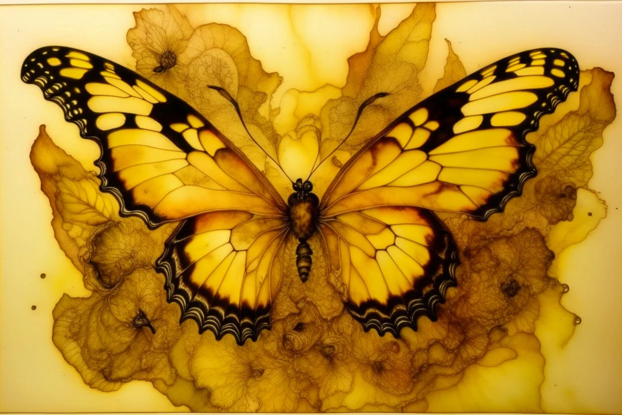 double exposure salad platter butterfly Jean Baptiste Monge watercolor and ink S<AI double exposure burned brown sepia colors abstract lines pastel colors golden glitter ink contours