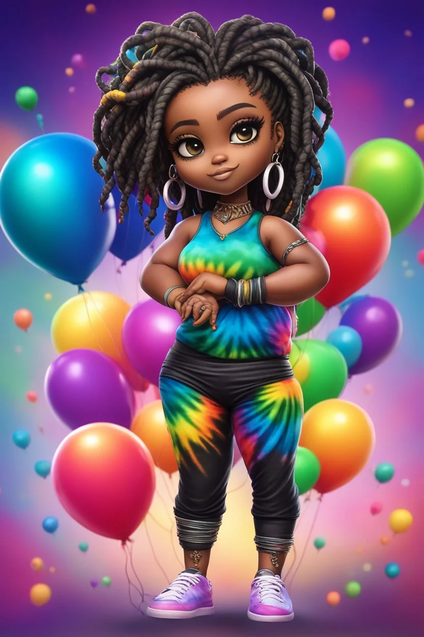 Create an airbrush image of a chibi black curvy female wearing a tie dye yoga outfit. Prominent make up with hazel eyes. Highly detail asymmetrical dread locs. background of colorful large ballons 2k