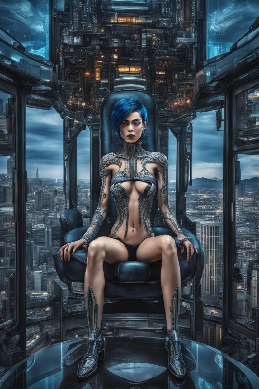 A beautyful transparent glass body biomechanical woman with black-blue hair, sitting in the cyberpunk rooftop bar in futuristic city, intricate details, HDR, beautifully shot, hyperrealistic, sharp focus, 64 megapixels, perfect composition, high contrast, cinematic