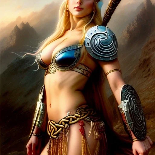 portrait 'beautiful Sexy busty Blonde Sif',long hair, Braids,horned helmet, celtic tattoed,painting by gaston bussiere, greg rutkowski, yoji shinkawa, yoshitaka amano, tsutomu nihei, donato giancola, tim hildebrandt, oil on canvas, cinematic composition, extreme detail,fit full head inside picture,32k