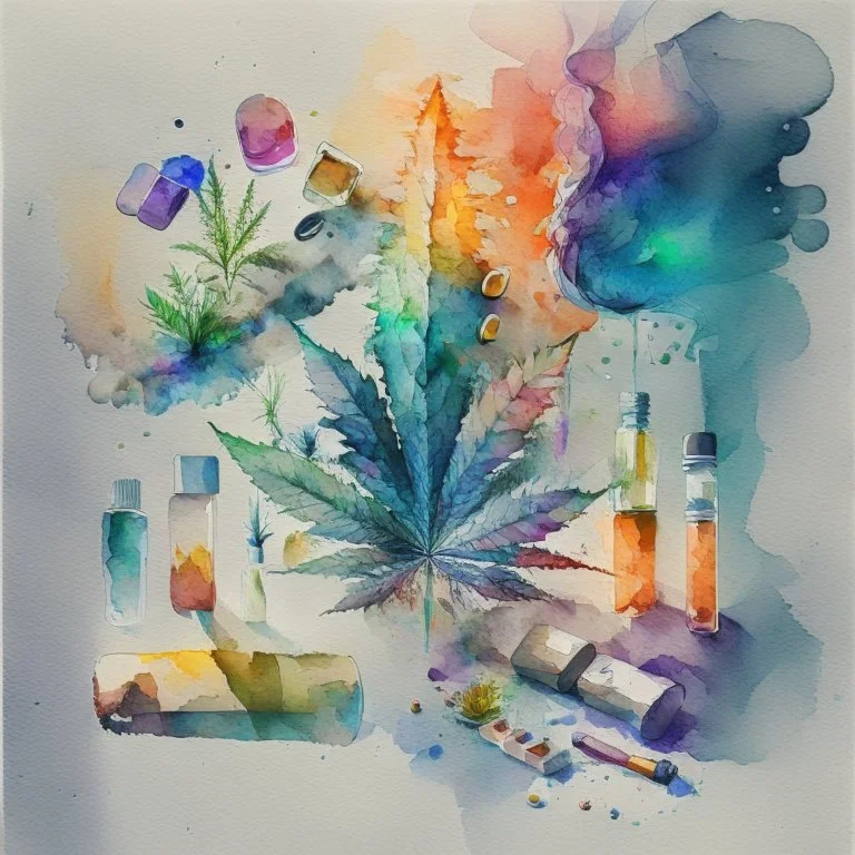 Generate a watercolour artwork where different drugs weed, tobacco, cocain, pill and other drugs are placed asymetricaly making a compositions