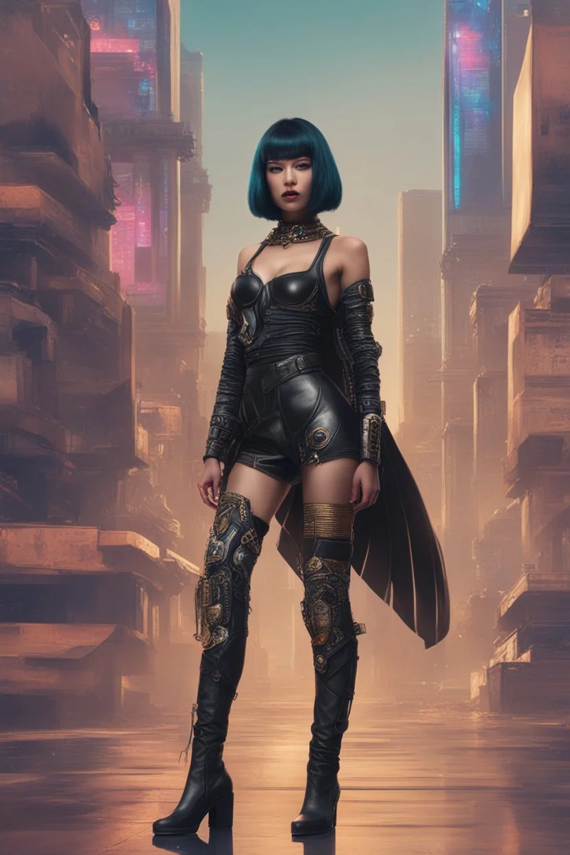 full-body-art of a woman with a bob with a fringe hairstyle, Cleopatra clothing, black knee-high boots, cyberpunk city background