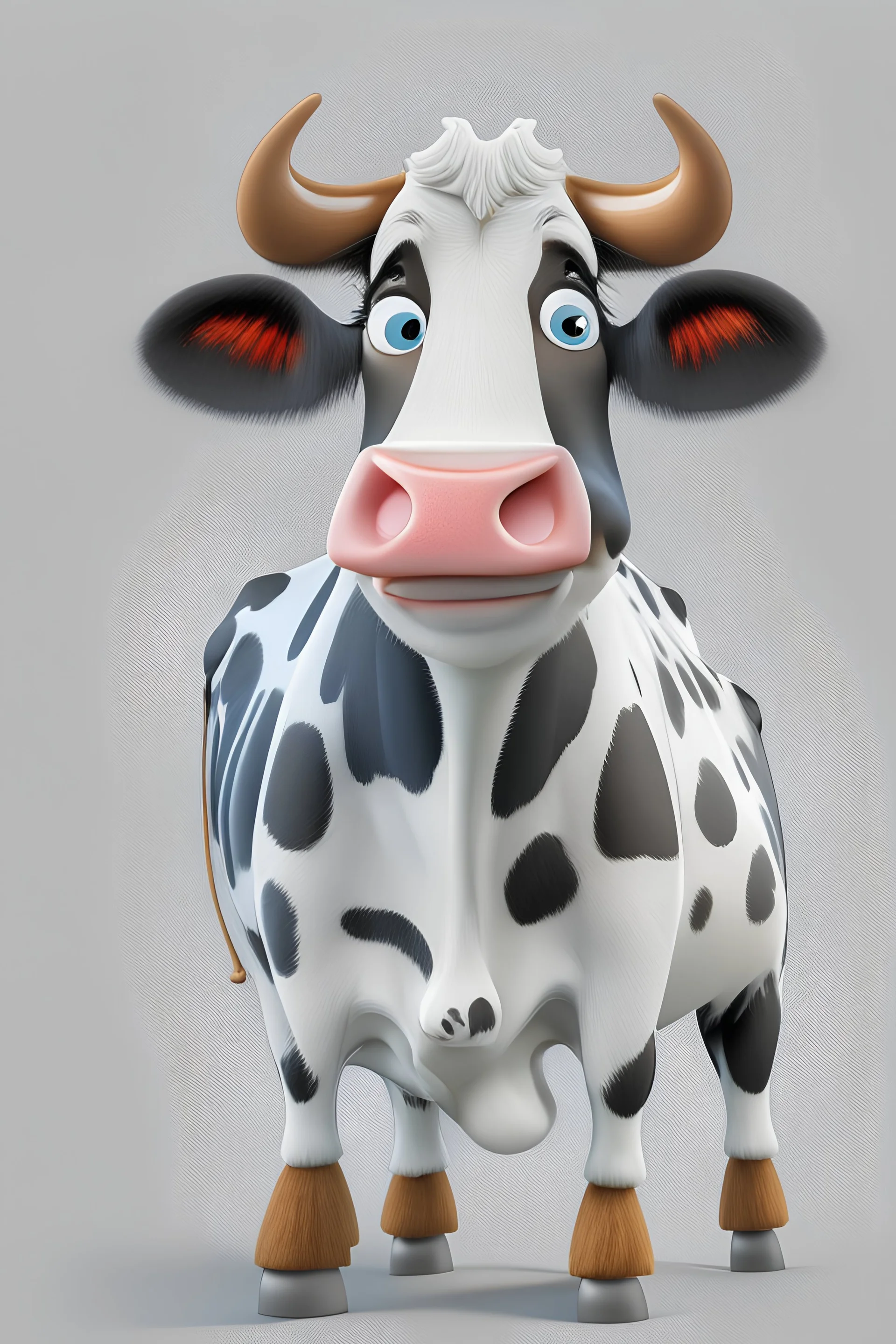 A cartoon character in Disney style with a funny perfect detailed realistic cow, 2D, 8k, white paper background