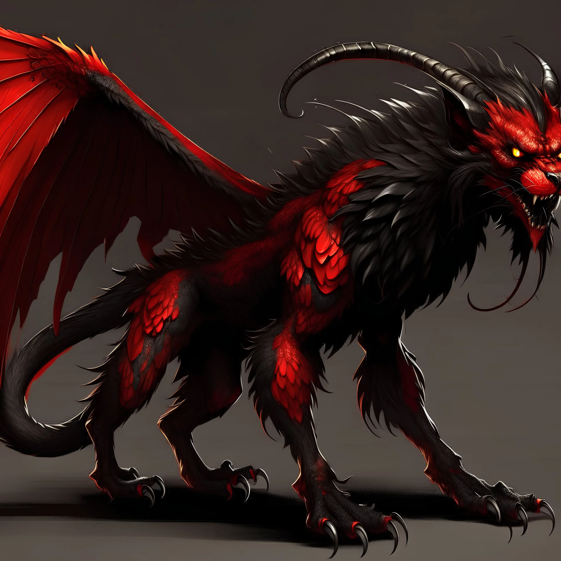 manticore with wings scorpion tail, red black fur, shining eyes, full body