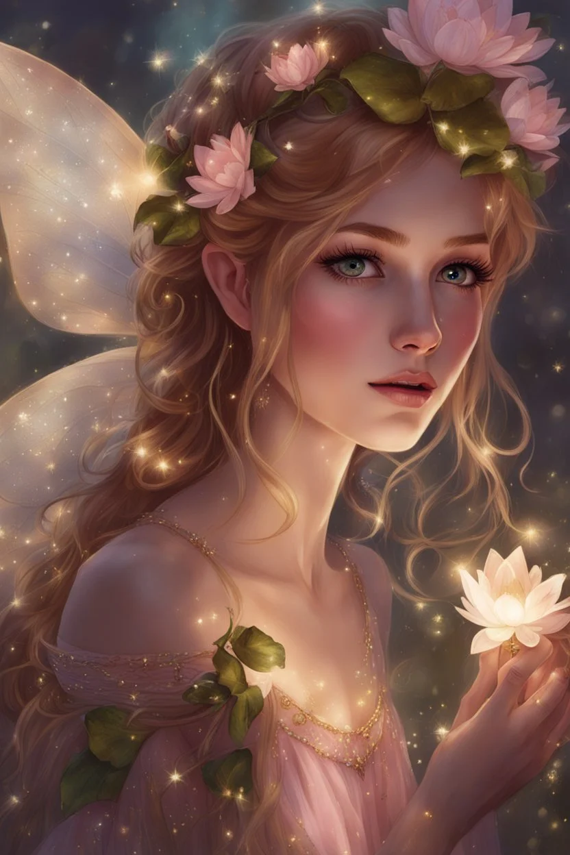 Blonde hair ,Pink dress,Sparkling fairy wings,Very long golden hair,Fairy crown,pointed ears,elven ears,fairy wings,water lilies,sparkling,glittering,flowers,blossoms,golden crown,light pink dress