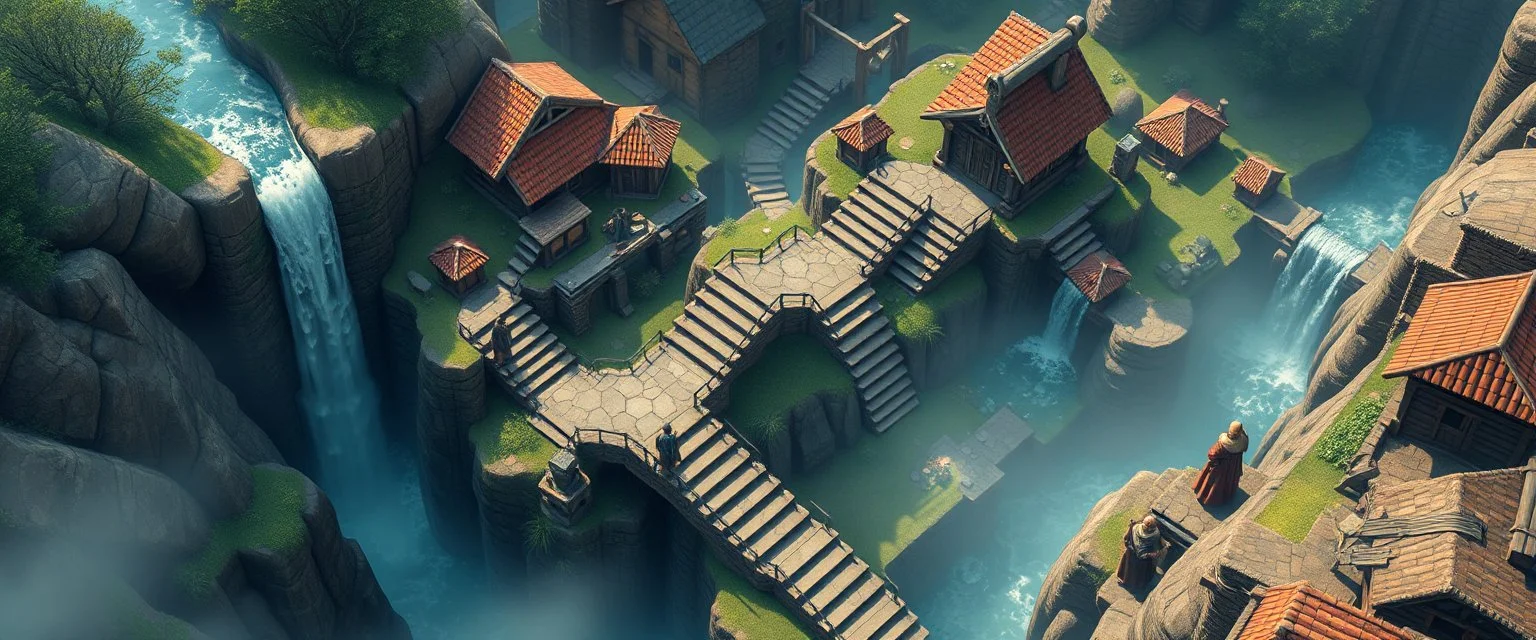 winding stairs in isometric game waterfall and mill labyrinth landscape with houses and fog of war, monks looking up at camera