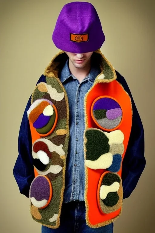 Brunette. average body type. big head. Mantle is sewed of upcycled Denim and sewed together of camouflage pieces. Pieces' color are orange, cream and purple. It is with big bright purple felt tippet and cream-colored-hood. mantle is merged with satchel. . Big AKG-style headphones (gold rings!) is merged with small felt cap with small visor. Style: Haute Couture in 1920's, N.Y.C fashion in 1996, inspired by street art. Cream latex gaiter. Her head and rest body!