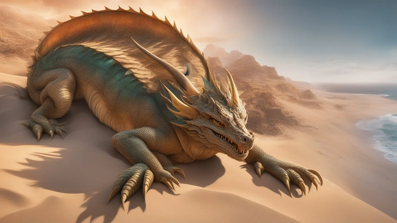 the coast of a desert seen from the top of a dune. a dragon sleeping on the beach. fantasy, cinematic lighting, hyper realisme, Hyperrealistic, splash art, concept art, mid shot, intricately detailed, color depth, dramatic, 2/3 face angle, side light, colorful background