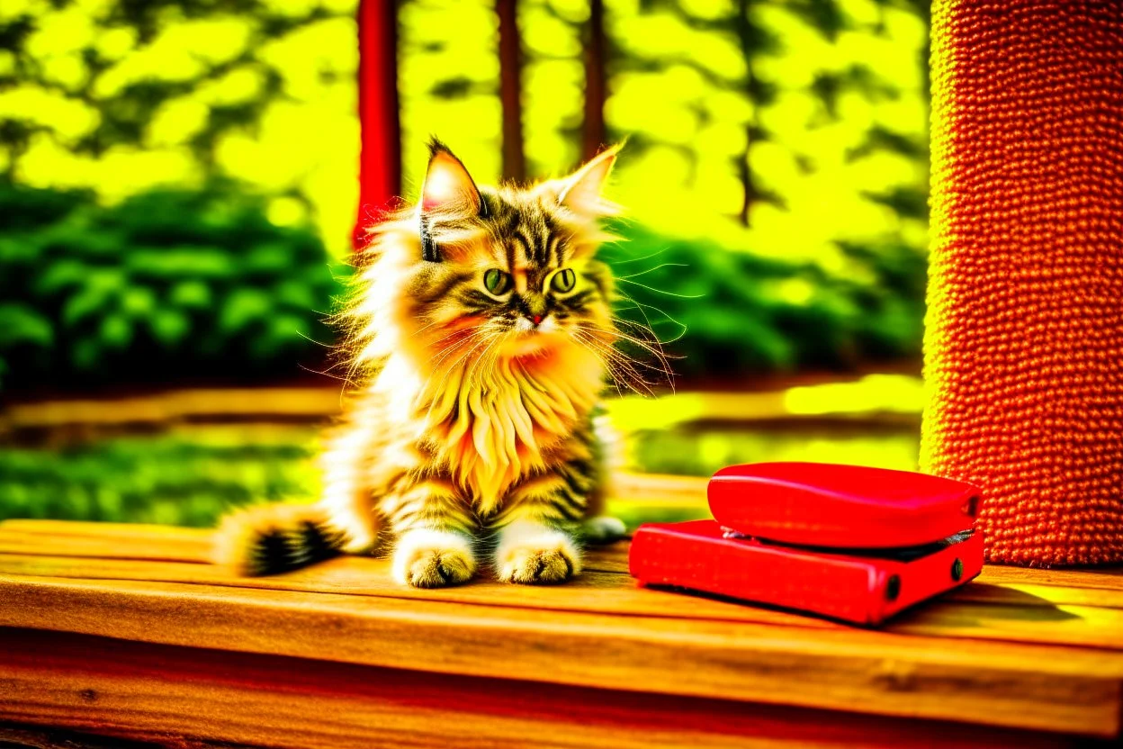 a contented long-haired cute beige kitten with big headphones on its head sits on a red bench in the woods, musical notes emanating dynamically from the headphones, mice sitting in front of the bench playing cards in the sunshine