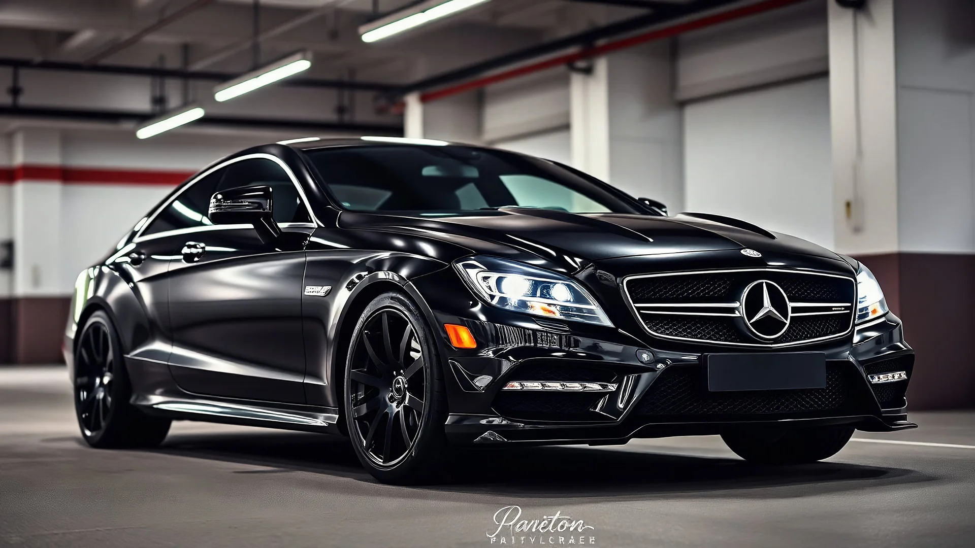 A black tuned Mercedes-Benz CLS 550 parked in a luxury garage