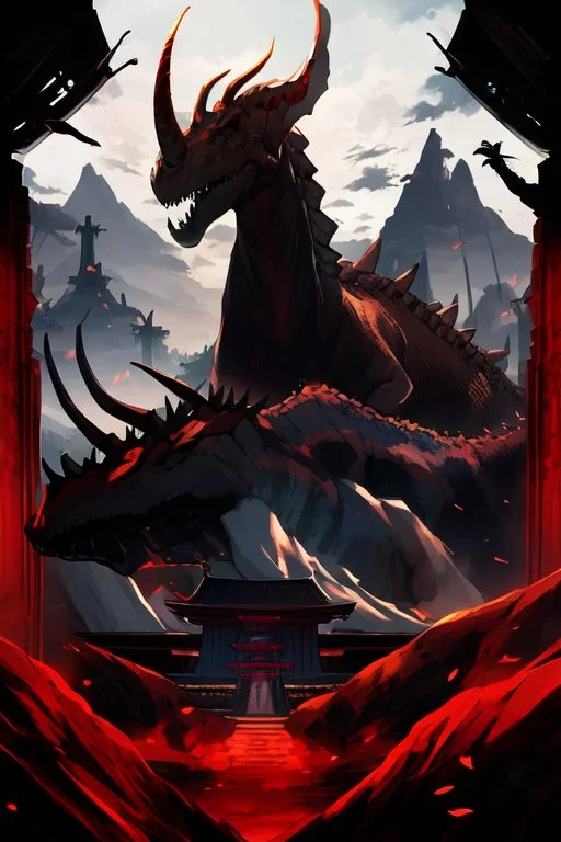 mountains, red and black, temple, dinosaur