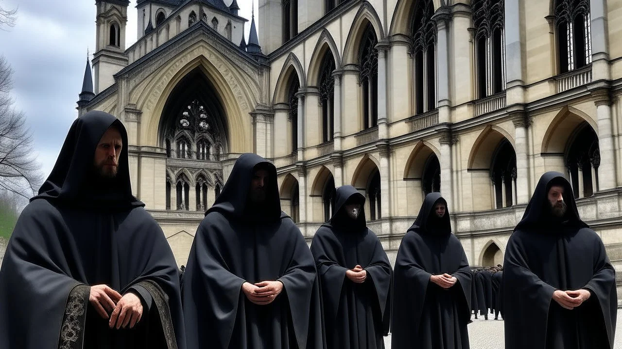 hooded monks in black robes in front of cathedral