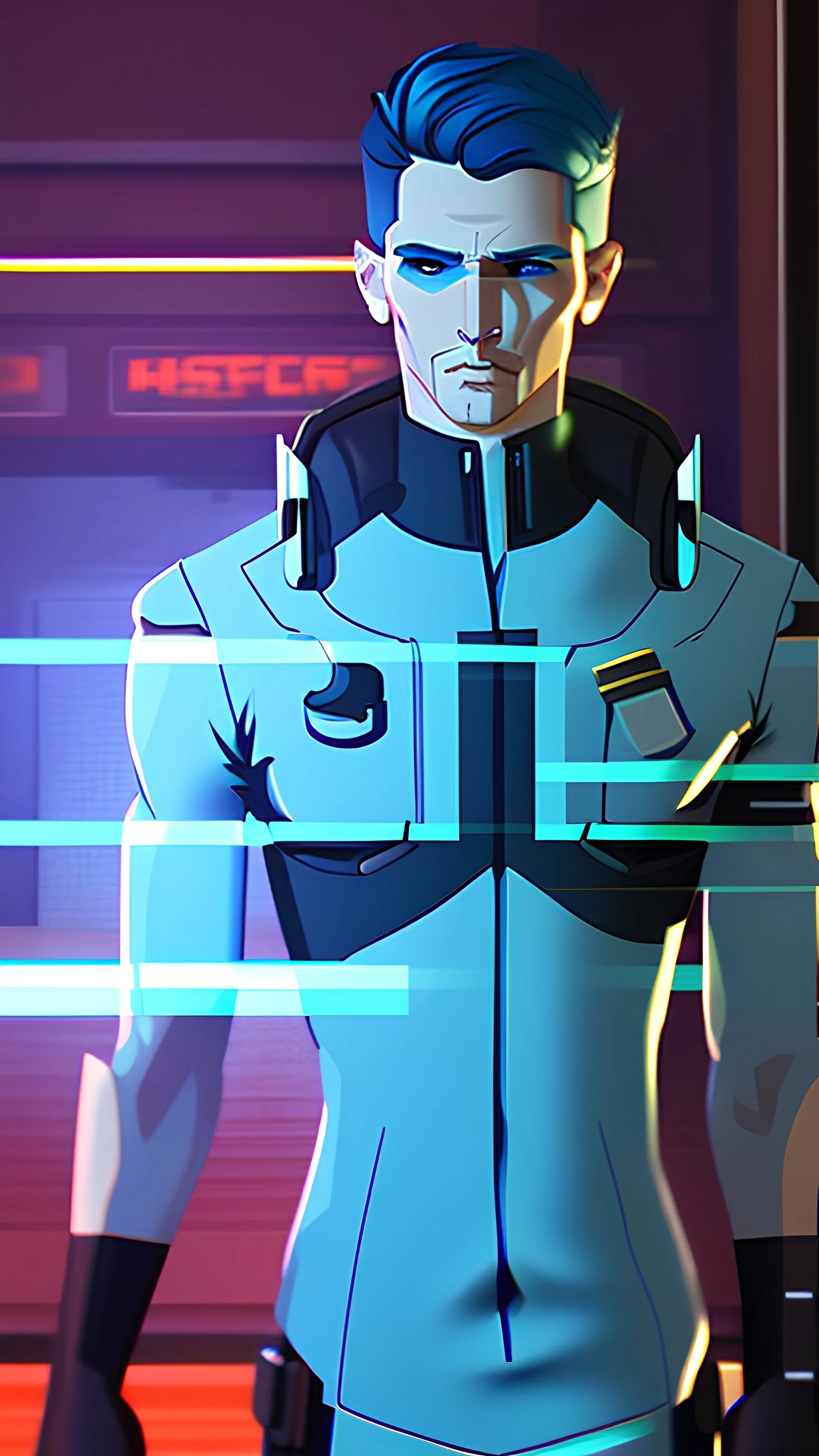 a tall and athletic man, with short blue hair and large blue eyes. Wearing a Cyberpunk 2077 Trauma-Team uniform. He is a medic.