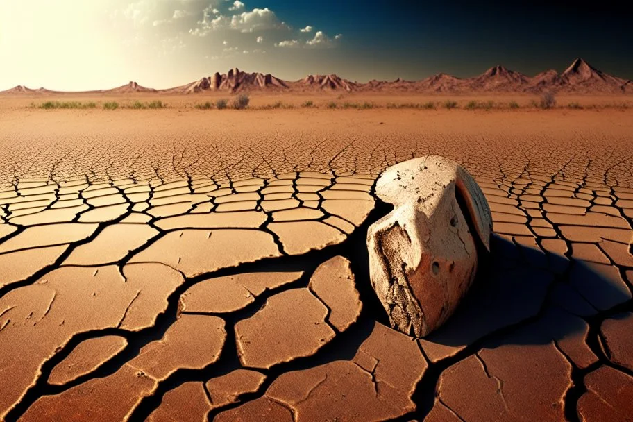 A picture of an AI, in the background drought-cracked earth