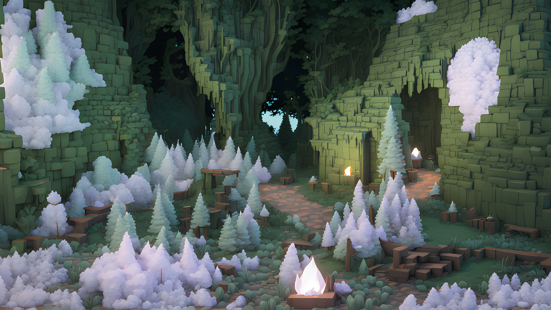 fantasy environment first person view, a path going through a dense green leaf forest, summer warm dusk time, a campfire on the left, blocky 3D low poly cartoon render style