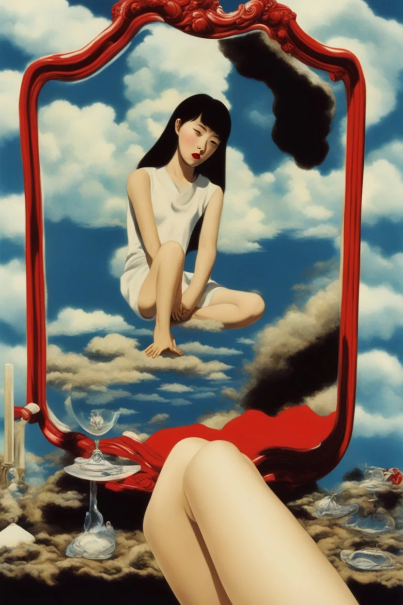 girls leg,cloud in blue sky, a red lip, collage art, shuji terayama, dreamy objects, surreal, criterion collection, showa era, intricate details, mirror