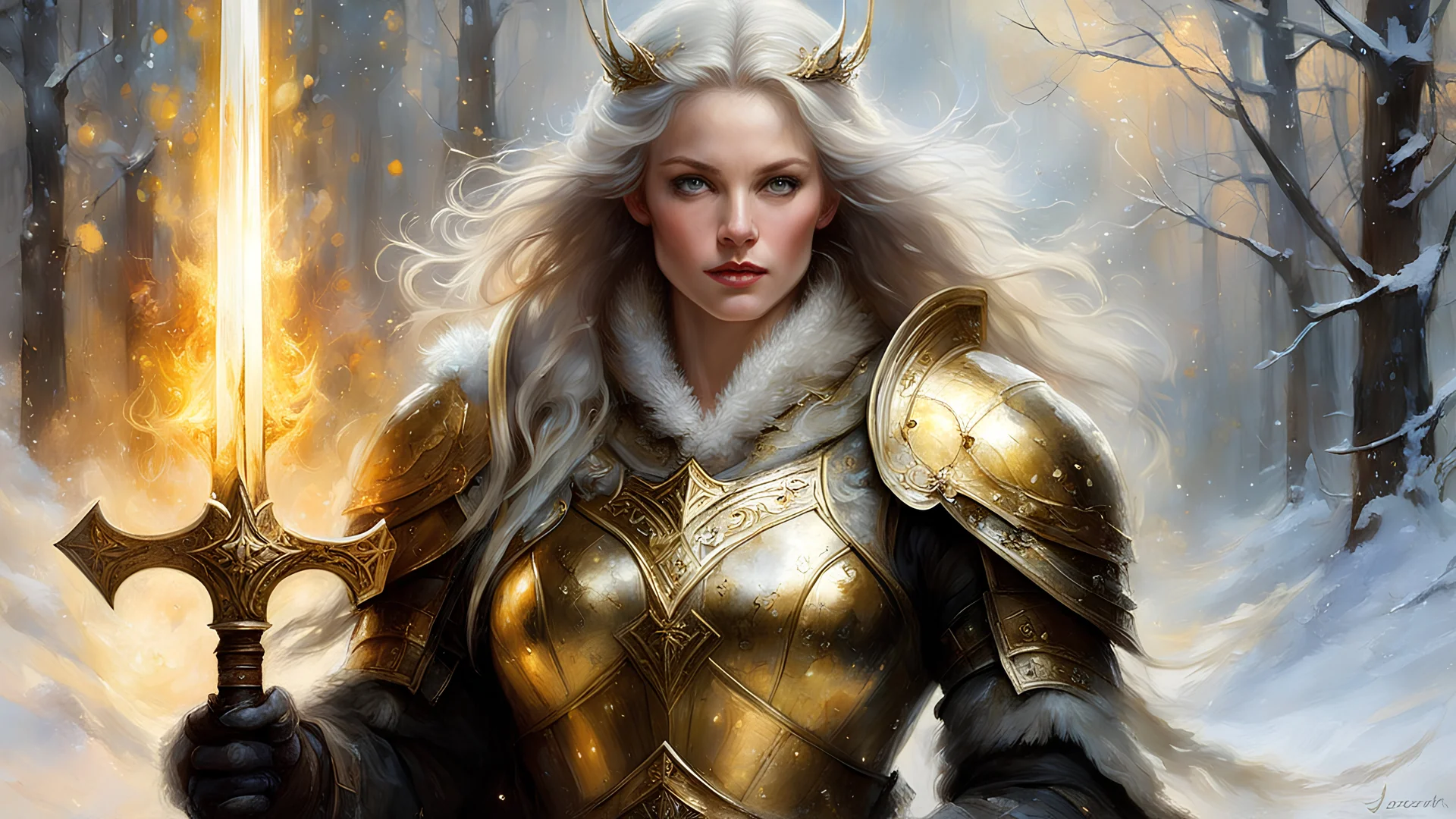 winter, (1woman, russian), beautiful, wicked, (warrior queen), soft impressionist brushstrokes, richard schmid style canvas texture, magical glow, (gold armor), with glowing spells, magical lighting, by Jean-Baptiste Monge: 20 Artgerm:5 and Greg Rutkowski:30, by richard schmid :10, Painting by richard schmid