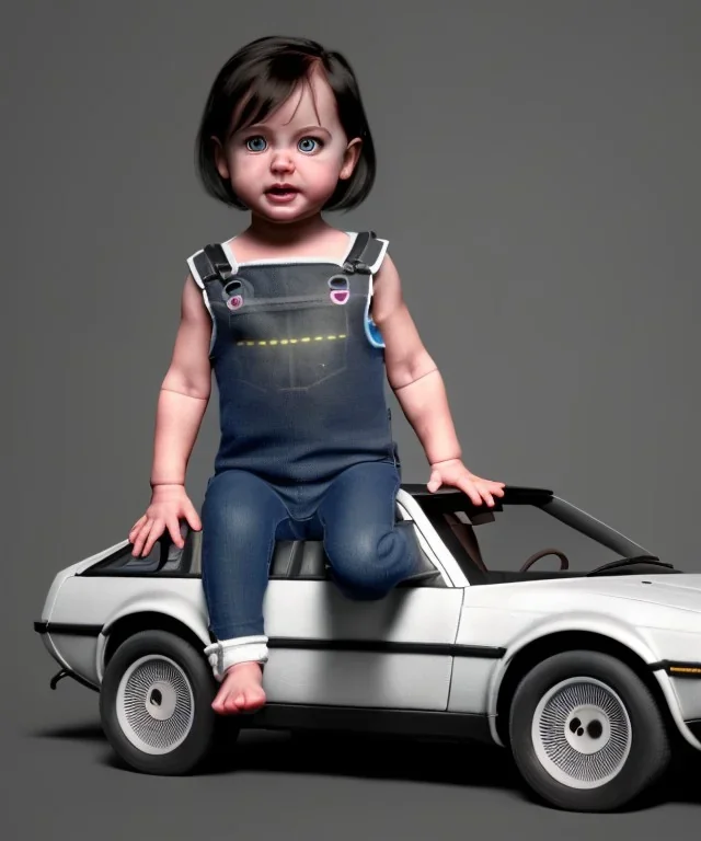 Monica belluci toddler, full body, delorean, dramatic lighting, hyper realistic