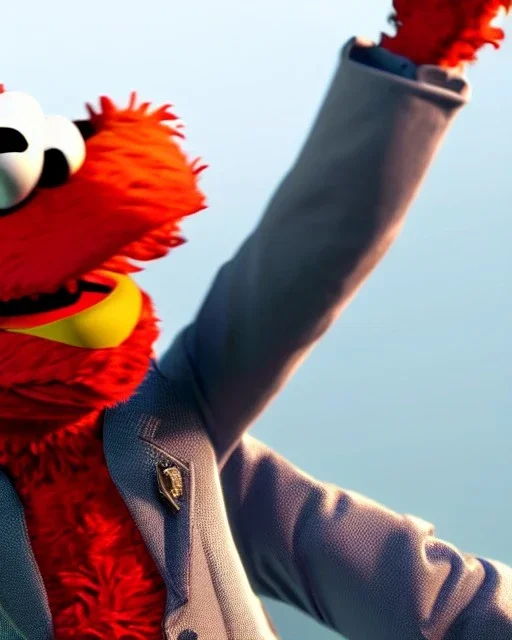 hybrid character, Elmo muppet head, real man body, human arms and hands, Shirt and tie, concept art, smooth, unreal engine 5, god lights, ray tracing, RTX, lumen lighting, ultra detail, volumetric lighting, 3d, finely drawn, high definition, 4k.