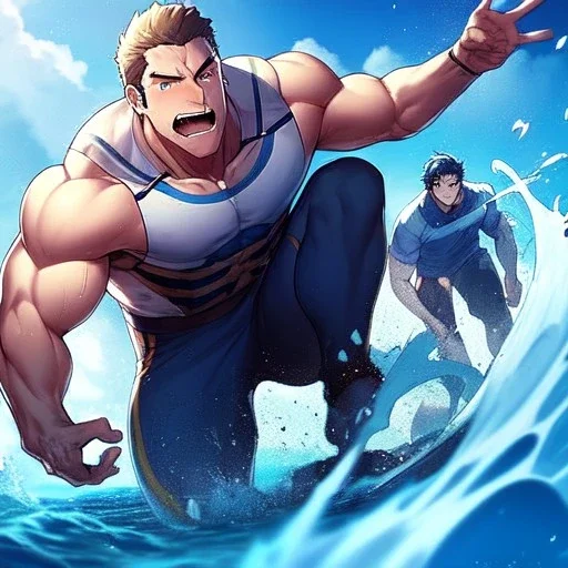 anime surfer boy with crashing waves