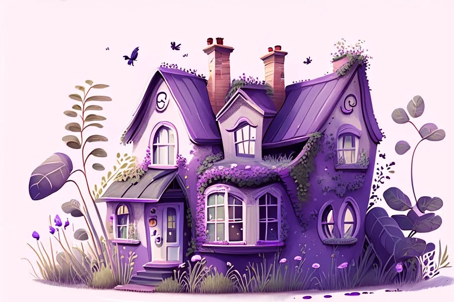 House illustration, realistic, detailed, illustrative, childrenbook style, Purple house, cute plants