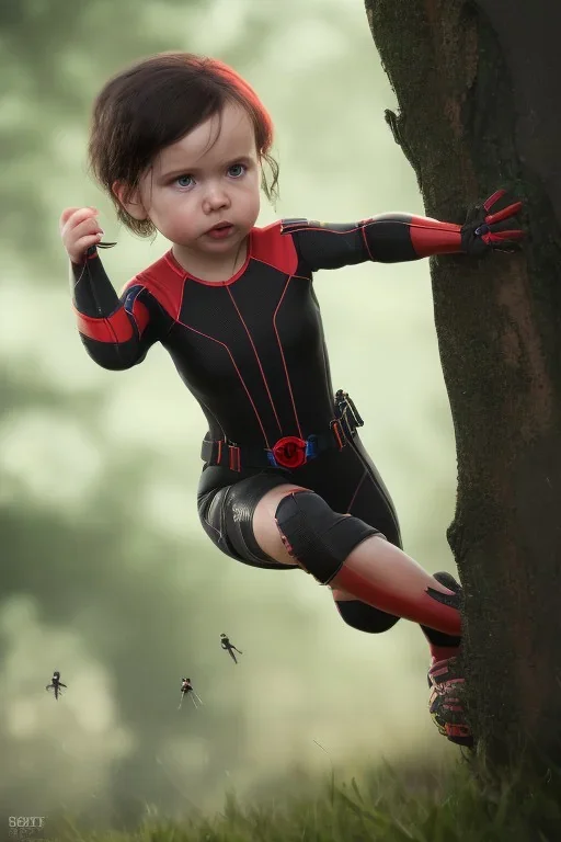 Black widow toddler, serious, portal, full body, jump, bokeh, hyper realistic