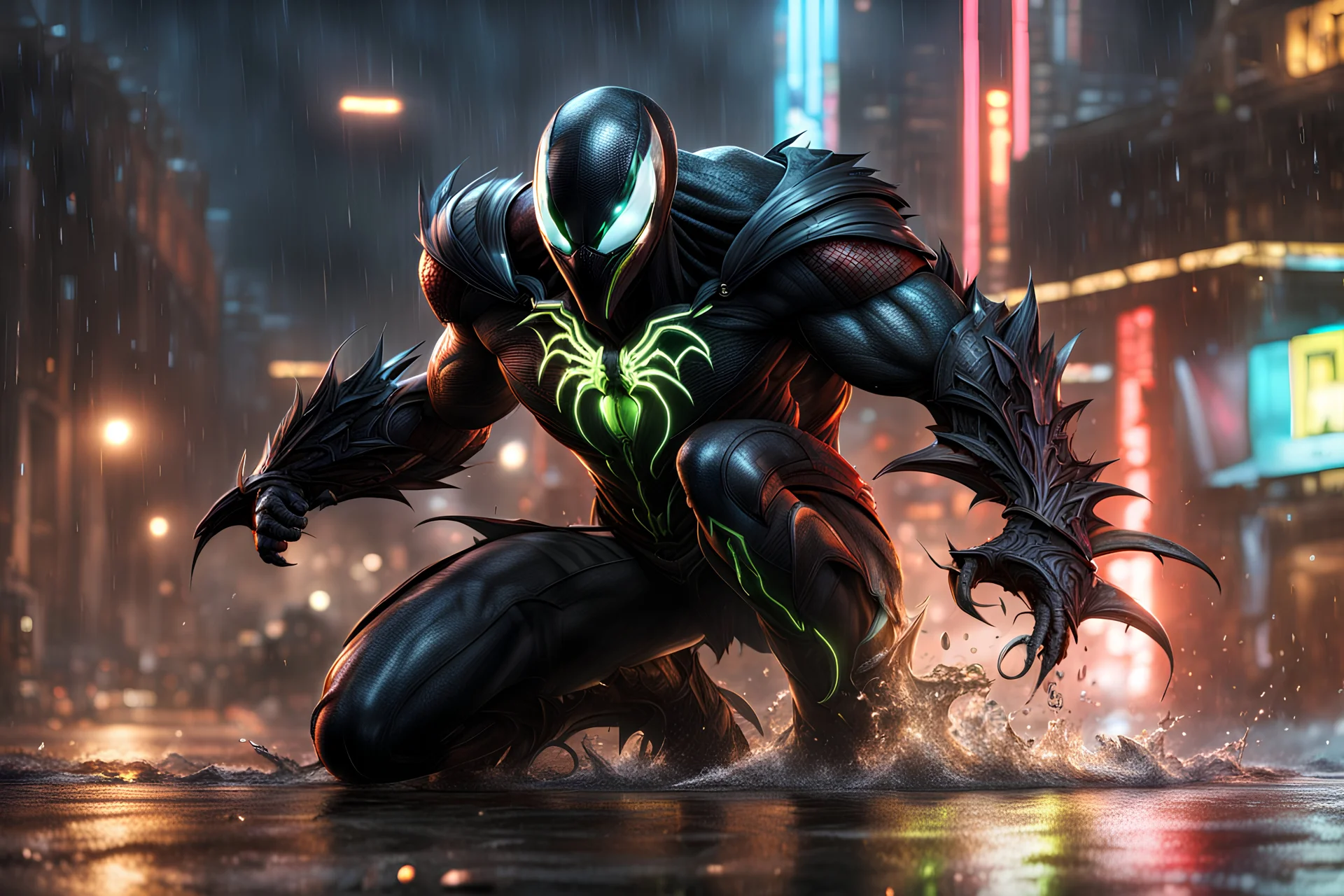 Spawn in 8k cgi game drawing style, venom them, close picture, rain, neon, intricate details, highly detailed, high details, detailed portrait, masterpiece,ultra detailed, ultra quality