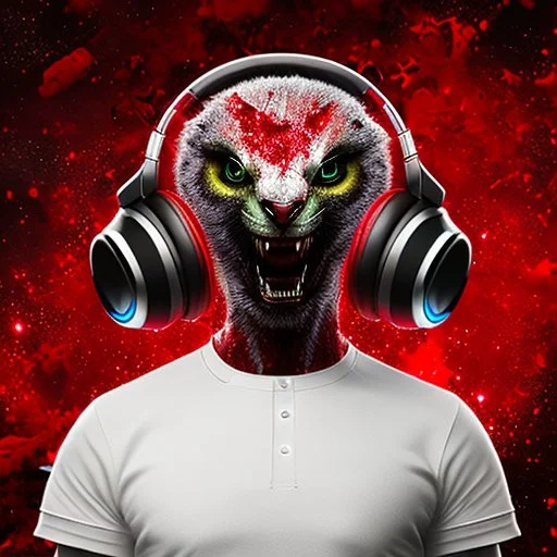 avatar portrait cute alien animal Figure in a provocative pose,wearing headphones, Raw, gritty, Gothic, t-shirt design, Dark reds and blacks, bright, bloody red , background Distorted or blurred splash, imagery that suggests violence and chaos, t-shirt design, 3D vector art, Defiant, rebellious, aggressive, fantasy art, watercolor effect, bokeh, Adobe Illustrator, hand-drawn, digital painting, low-poly, soft lighting, bird's-eye view, retro aesthetic, focused on the character