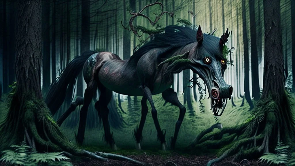 monster horse with claws and fangs in woodland