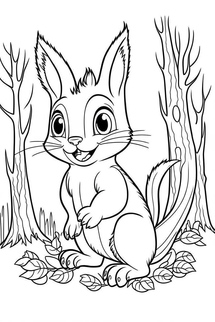 cute coloring page, sketch style, cute baby squirrel in the wood, cartoon, white and black, withe background, no shadows, outline.