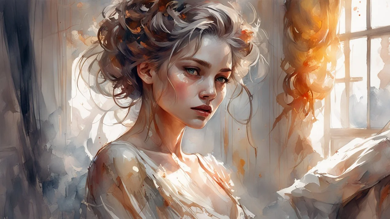 Elegant girl with fantastic face, intricate hairstyle, detailed dress, in bedroom setting, watercolor style blend influenced by Razumov, Volegov, Carne Griffiths, Wadim Kashin, ambient SF tones, intricate artwork with ominous undertone, matte painting resembling film poster, composition adhering to golden ratio, trending aesthetic on CGSociety, ArtStation, character model evoking Artg