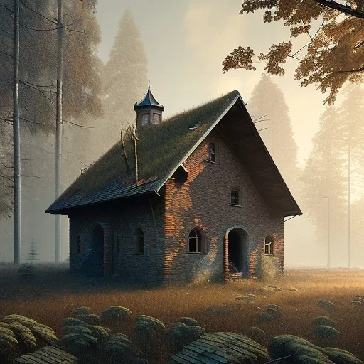 Abandoned attic simple modern Slovak type house,in the forest, brick walls, highly detailed, hill in the background, two windows on the front wall, with roof, concept art by Greg Rutkowski