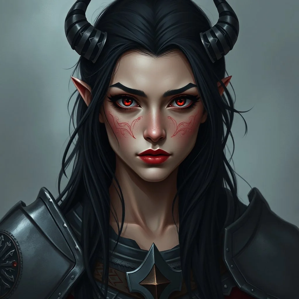 A digital illustration shoot from a portrait camera angle about a portrait of a young woman with striking features. In the middle of the image, a 20 years old orc woman, appears to be looking at the viewer lost in thought. she has long black hair, red eyes, and is wearing armour. her face is painted with red lipstick