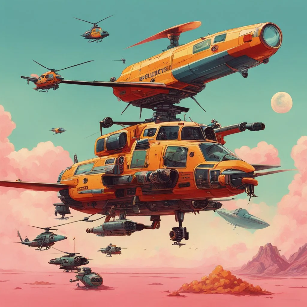 [art by Wes Anderson] helicopterus alien with a lot of mini guns