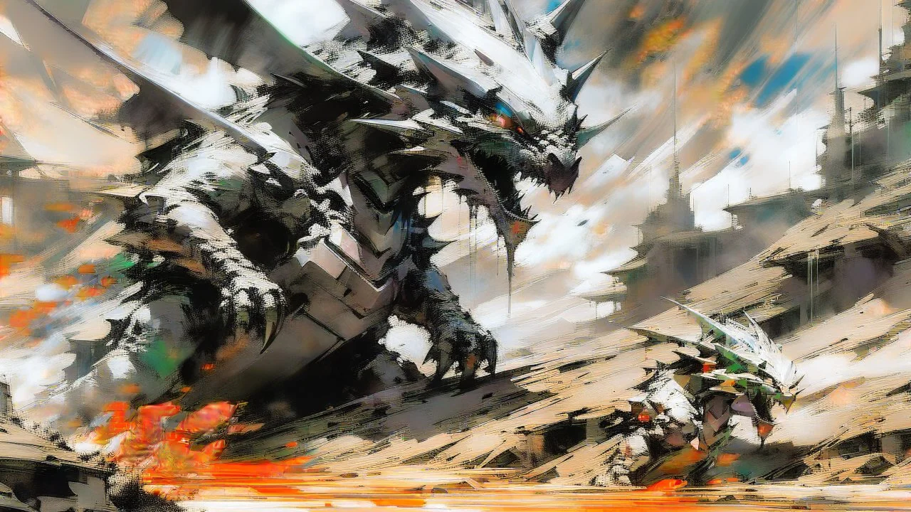 sketch-style painting of a dragon art by Yoji Shinkawa and Valeria Burzo large bats in the background