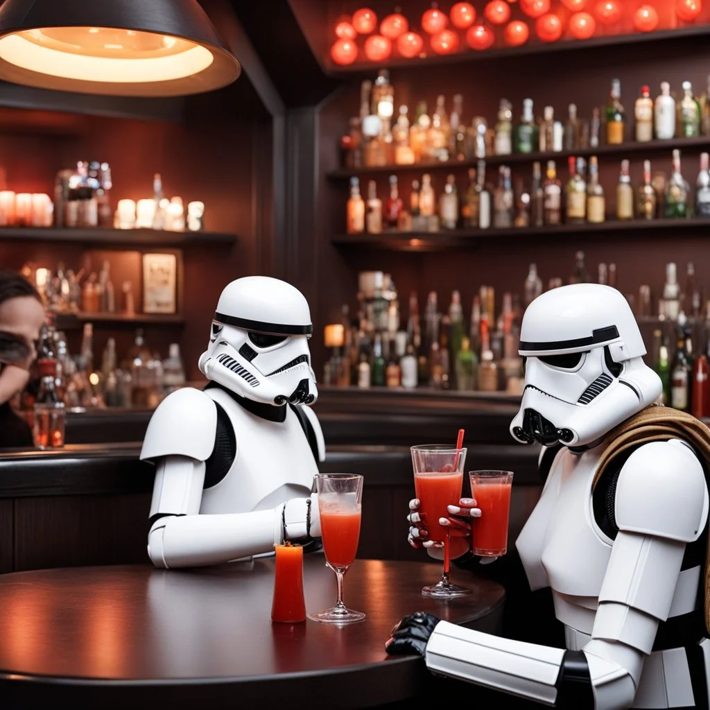 bar conversation at Quark's bar between two woman stormtrooper without helmet, drinking Bloody Mary