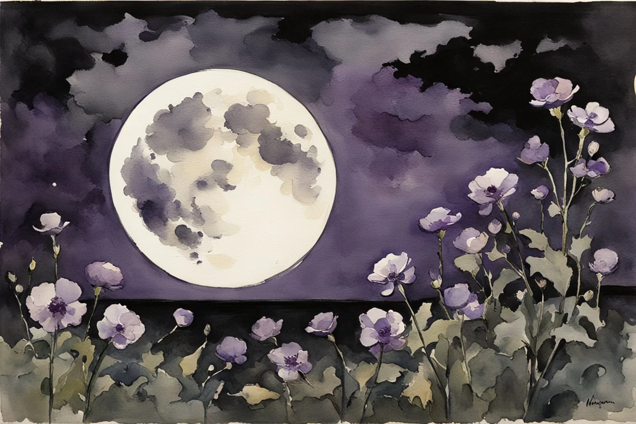 Night, purple flowers, moon, gothic horror films influence, winslow homer watercolor paintings