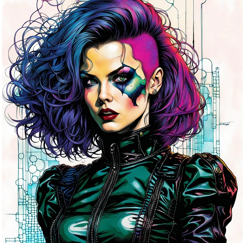 Create and fine print portrait of an epic angry science fiction fantasy Gothpunk Girl , with finely lined and detailed facial features, in a ragged leather dress, fishnet stockings ,battered combat boots, in the style of Bill Sienkiewicz, Philippe Druillet, and Jean Giraud Moebius, precisely drawn, colored and inked